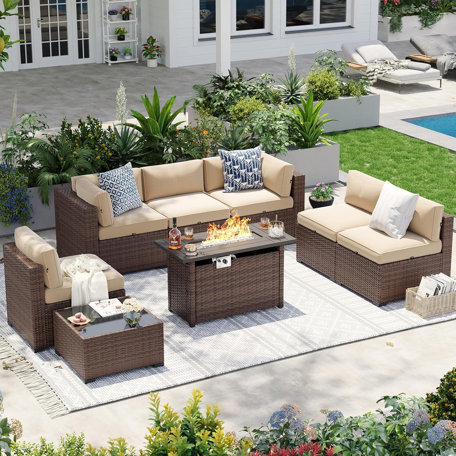 Aoxun Patio Furniture Sets, 7-Piece Outdoor Patio Furniture with Thick Cushions, Wicker Outdoor Conversation Set Sectional Sofa for Backyard, Poolside, Garden woonhhop