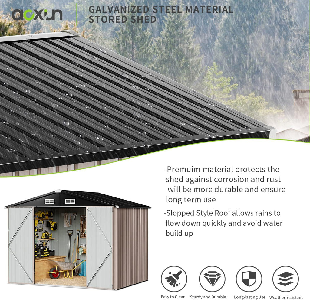 Aoxun 12x10 FT Shed Metal Outdoor Waterproof Storage Shed Steel Utility Garden Tool Shed with Door & Lock Outdoor Storage for Garden Patio Lawn Poolside, Brown wourant