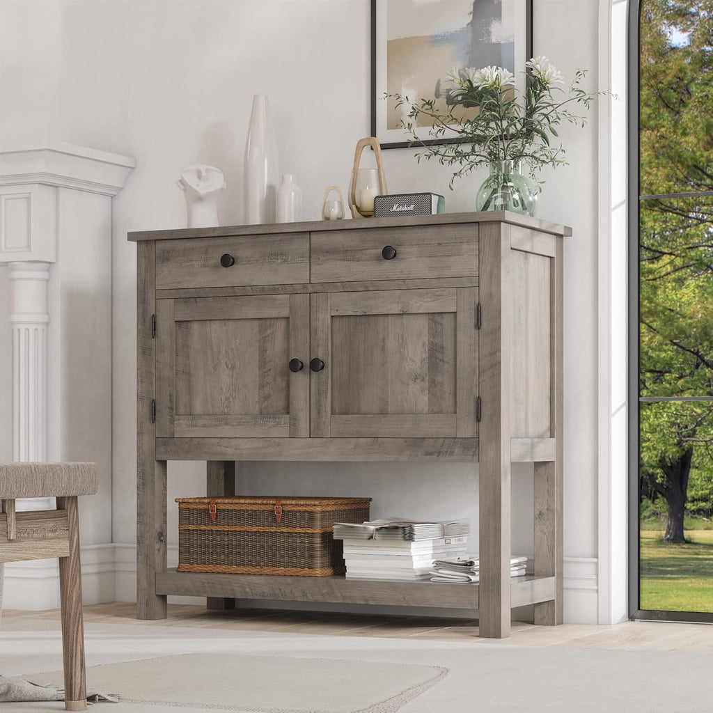HOSTACK Farmhouse Console Table with 2-Door Cabinet & 2 Drawers, Coffee Bar, Entryway Table with Storage Shelf, Sofa Tables Buffet Sideboard for Kitchen, Hallway, Dining, Living Room, Rustic Brown wourant