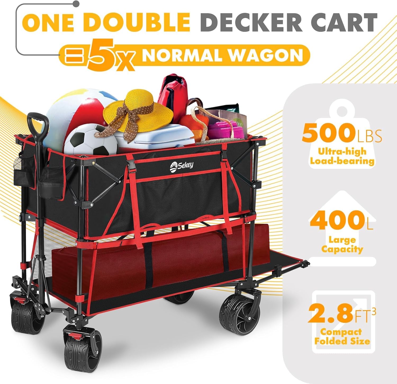 400L Large Capacity Folding Double Decker Wagon with Brakes, 50" Extra Long Extender Cart, 500lbs Heavy Duty Collapsible Wagons wourant