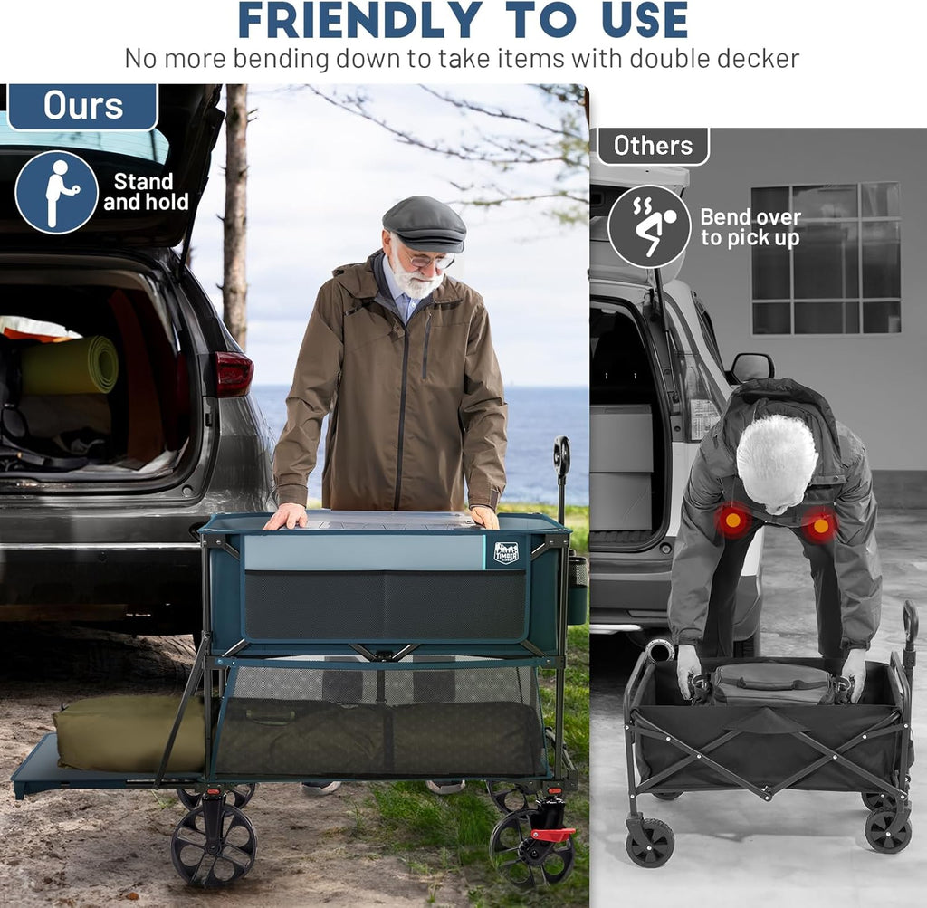 400L Large Capacity Folding Double Decker Cart with Brakes, 54 Inch Extra Long Extended Cart, 450 Pounds Heavy Duty Folding Cart wourant