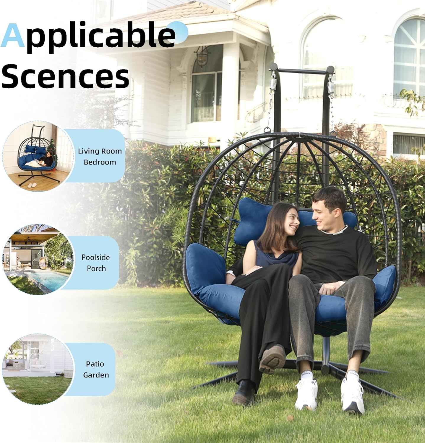 Double Egg Chair Hammock Swing Chair Foldable Hanging Loveseat UV Resistant Cushions wourant