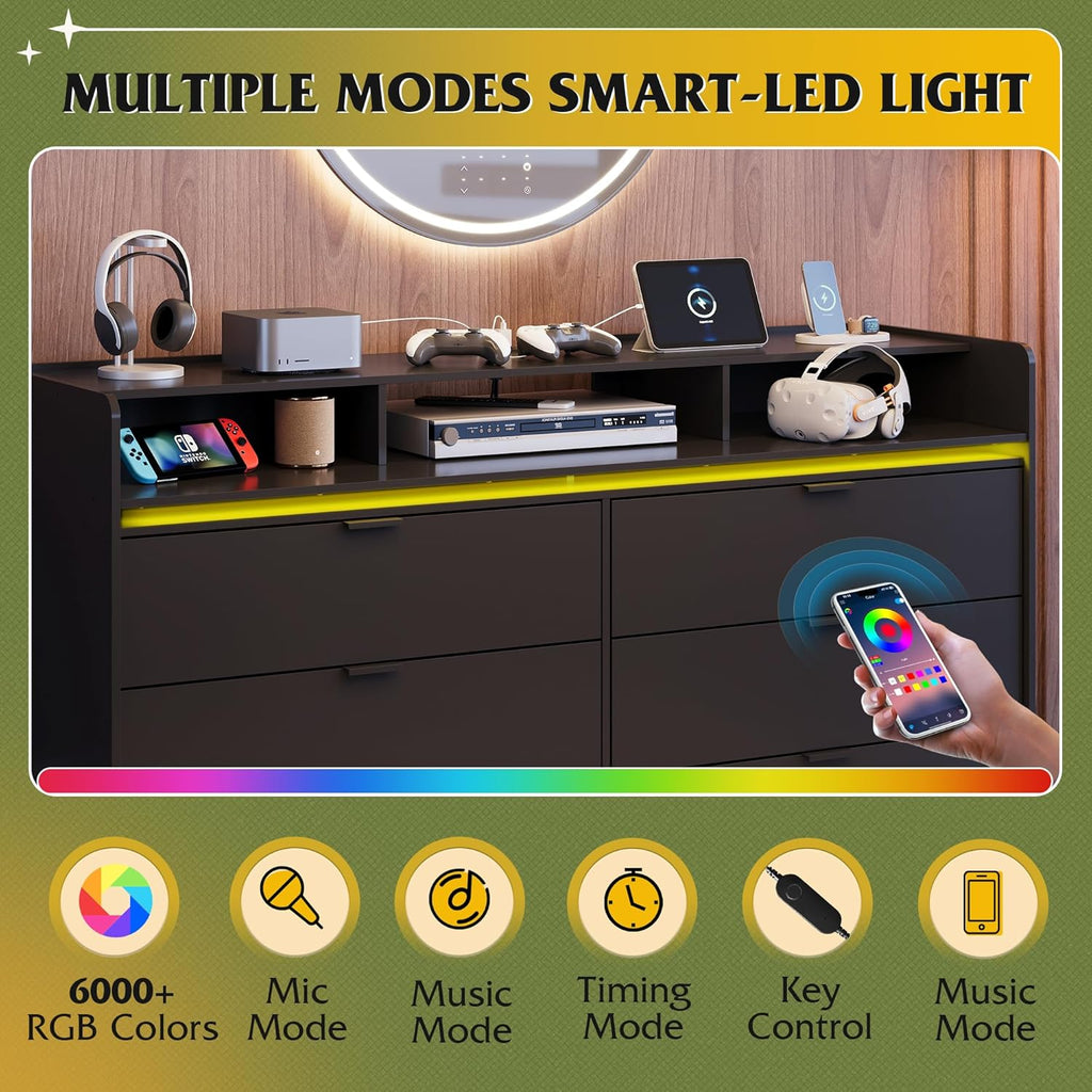 9 Drawer Led Dresser for Bedroom, 58.35'' Wide Wood Dresser Storage Organizer with Power Outlets for 65'' TV, Dressers with Open Shelves wourant