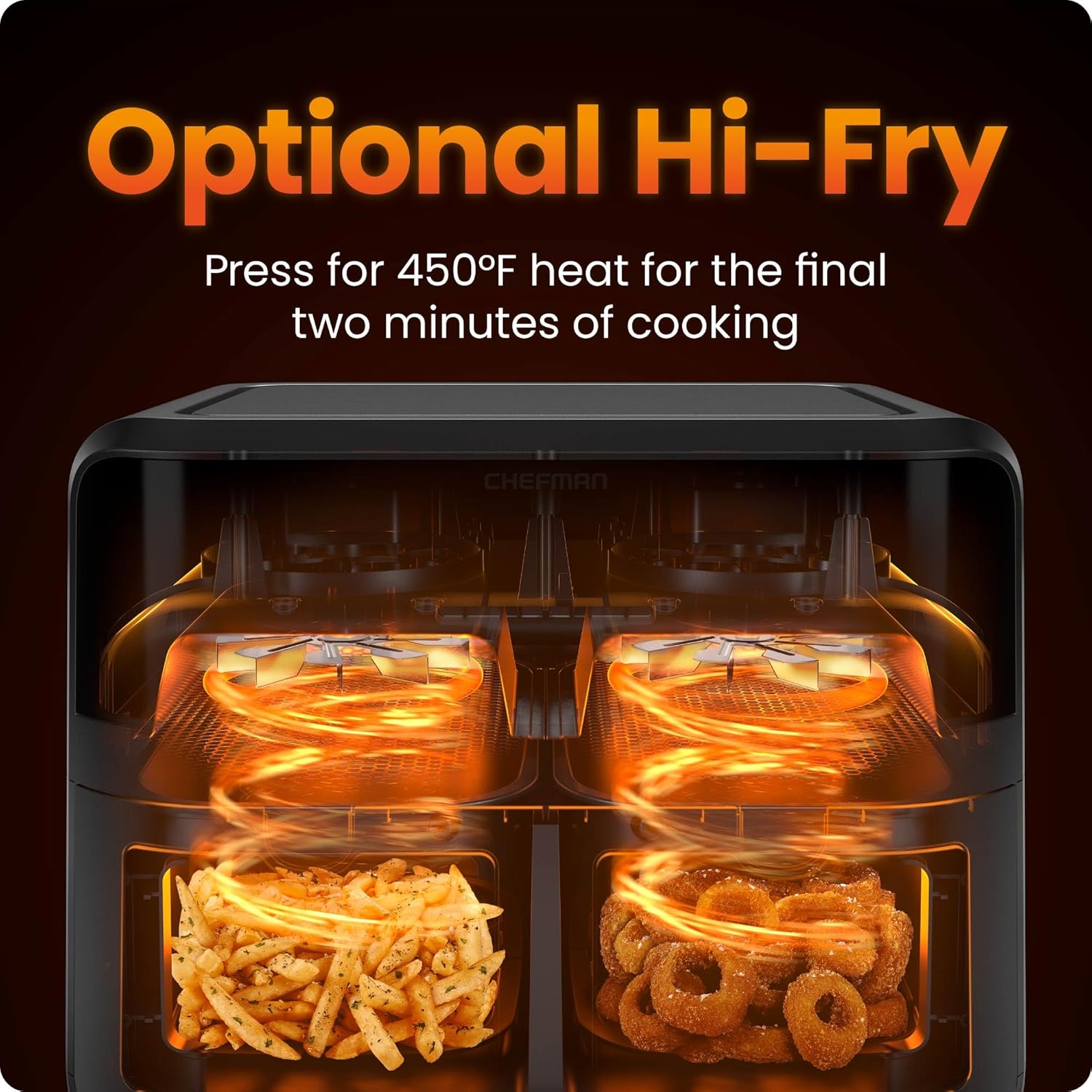 Chefman 6-Quart Double Basket Air Fryer with Easy View Window uses two separate 3-quart nonstick pans. wourant