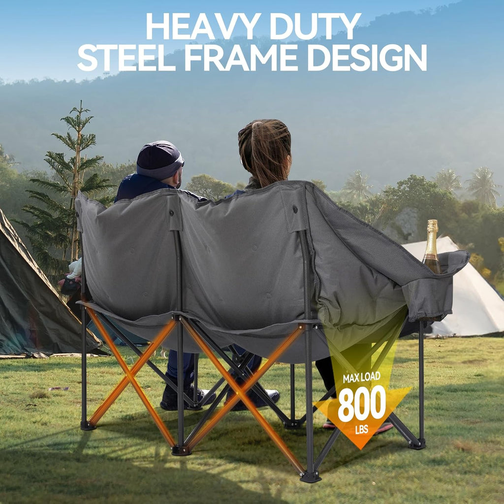 Double Camping Chairs Padded Loveseat Chair for 2 Person - Heavy Duty Oversized Camping Couch for Adults Outdoor Lawn Beach - Portable Folding Sofa with Cup Holders and Carry Bag, Grey wourant