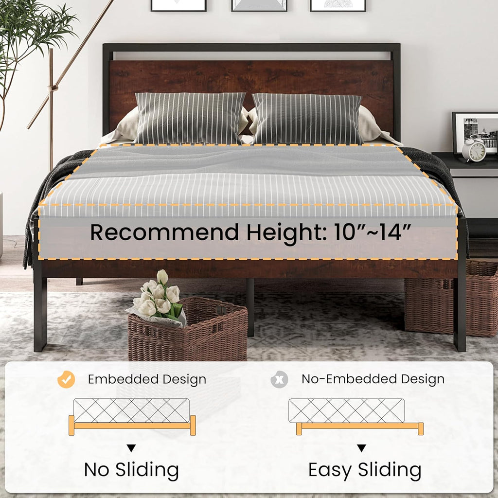 SHA CERLIN 14 Inch Full Size Metal Platform Bed Frame with Wooden Headboard and Footboard wourant