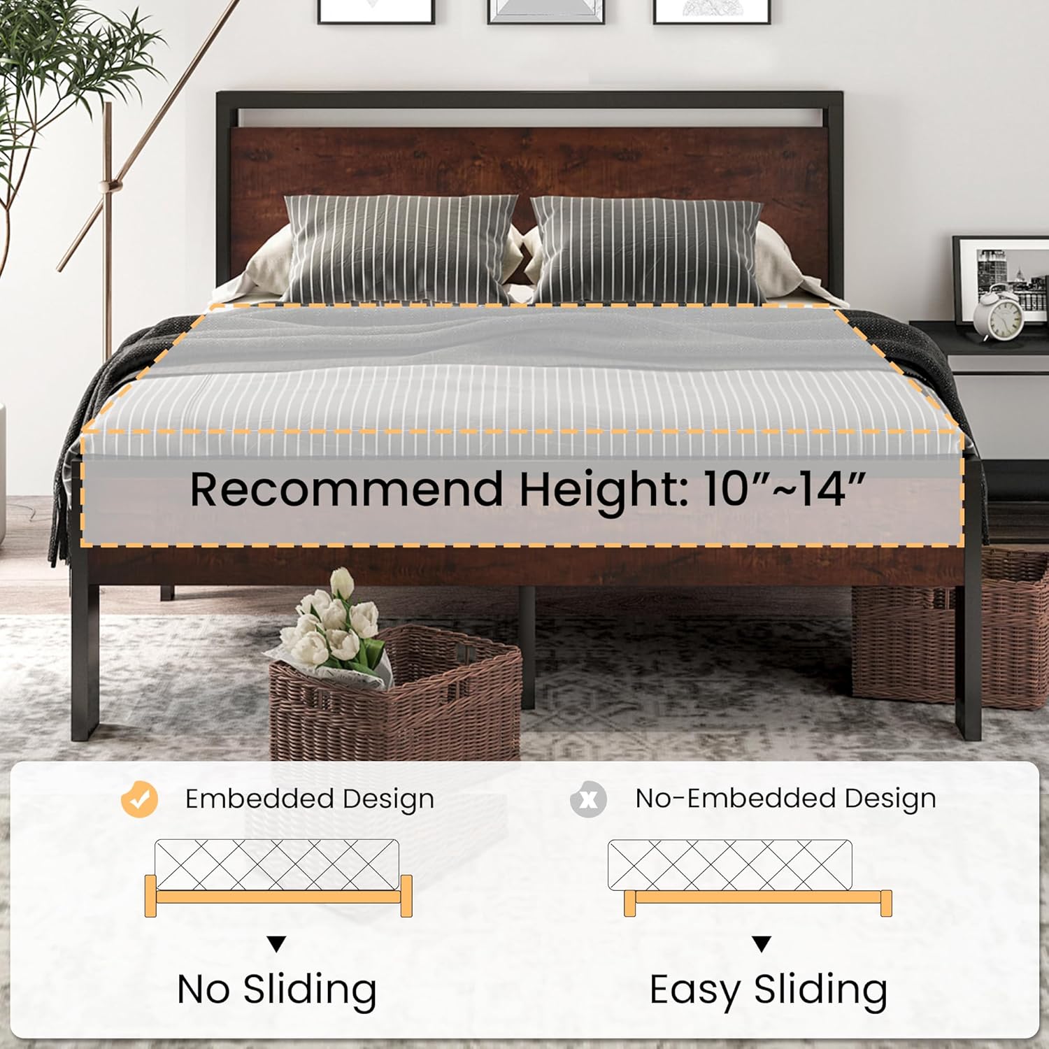 SHA CERLIN 14 Inch Full Size Metal Platform Bed Frame with Wooden Headboard and Footboard wourant
