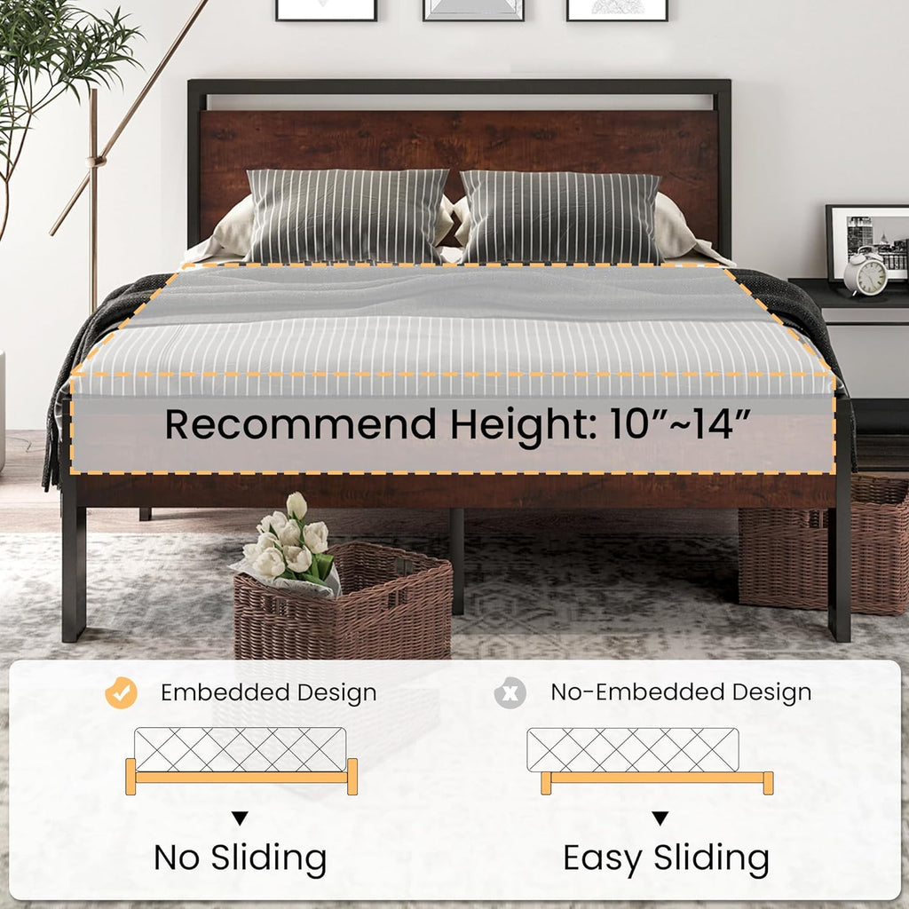 SHA CERLIN 14 Inch Queen Size Metal Platform Bed Frame with Wooden Headboard and Footboard wourant