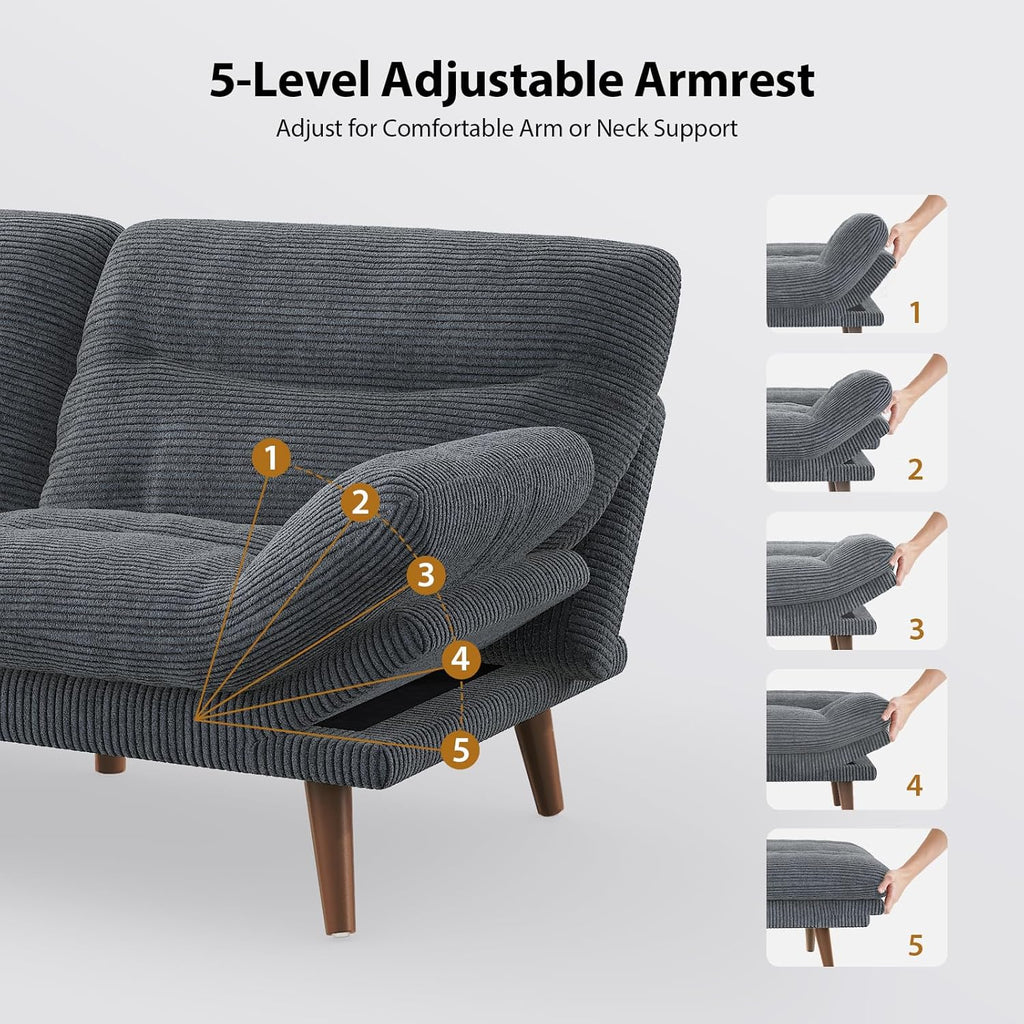 Pipishell Convertible Futon Sofa Bed,66" Corduroy Futon Couch with Adjustable Backrest and Armrests, Recliner Sleeper Sofa for Small Spaces, Play Room or Office, Grey wourant