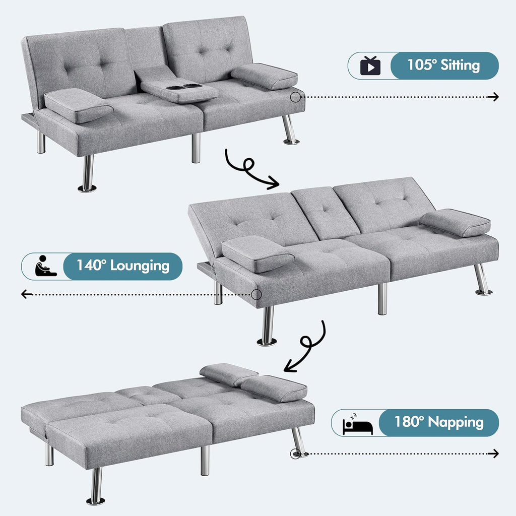 Yaheetech Convertible Sofa Bed Adjustable Couch Sleeper Modern Faux Leather Home Recliner Reversible Loveseat Folding Daybed Guest Bed, Removable Armrests, Cup Holders, 3 Angles, 772lb Capacity, Brown wourant