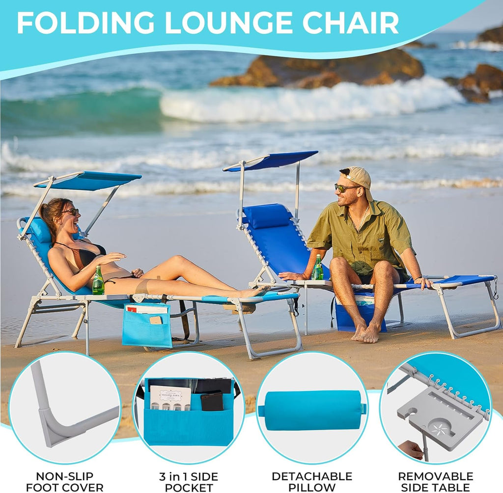 2 Pack Outdoor Chaise Lounge Chair - Portable Folding Patio Pool Lounge Chair, 5 Positions Adjustable Reclining Camping Chair with Side Table,Shoulder Strap, Pillow for Beach Sunbathing Lawn wourant