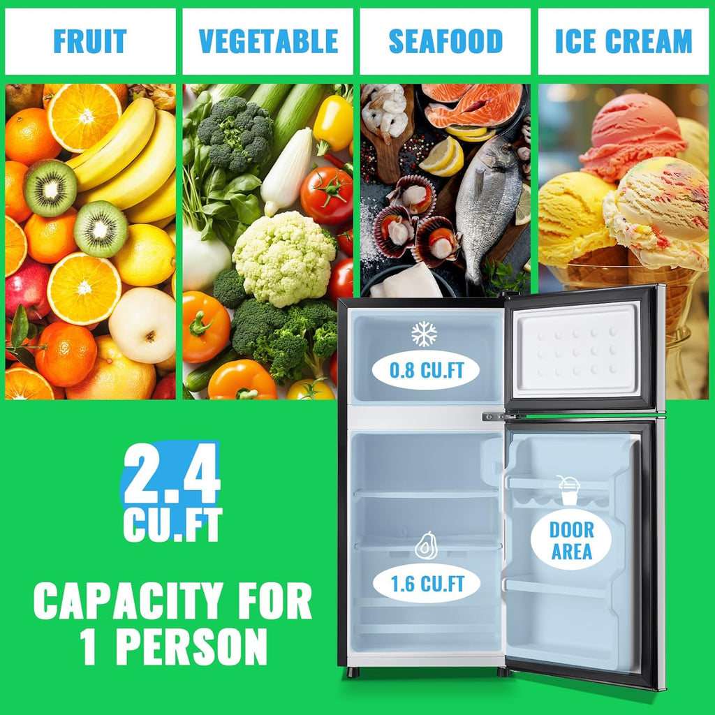 2.4 Cu.Ft Mini Fridge with Freezer & Double Door Small Tiny Size Refrigerator with 7 Temperature Control Knob Only Suitable for One Person Use Black wourant