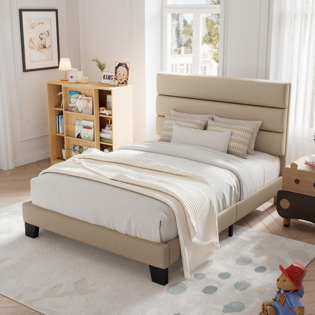 Allewie Queen Size Platform Bed Frame Fabric Upholstered Headboard Wooden Slats Support wourant