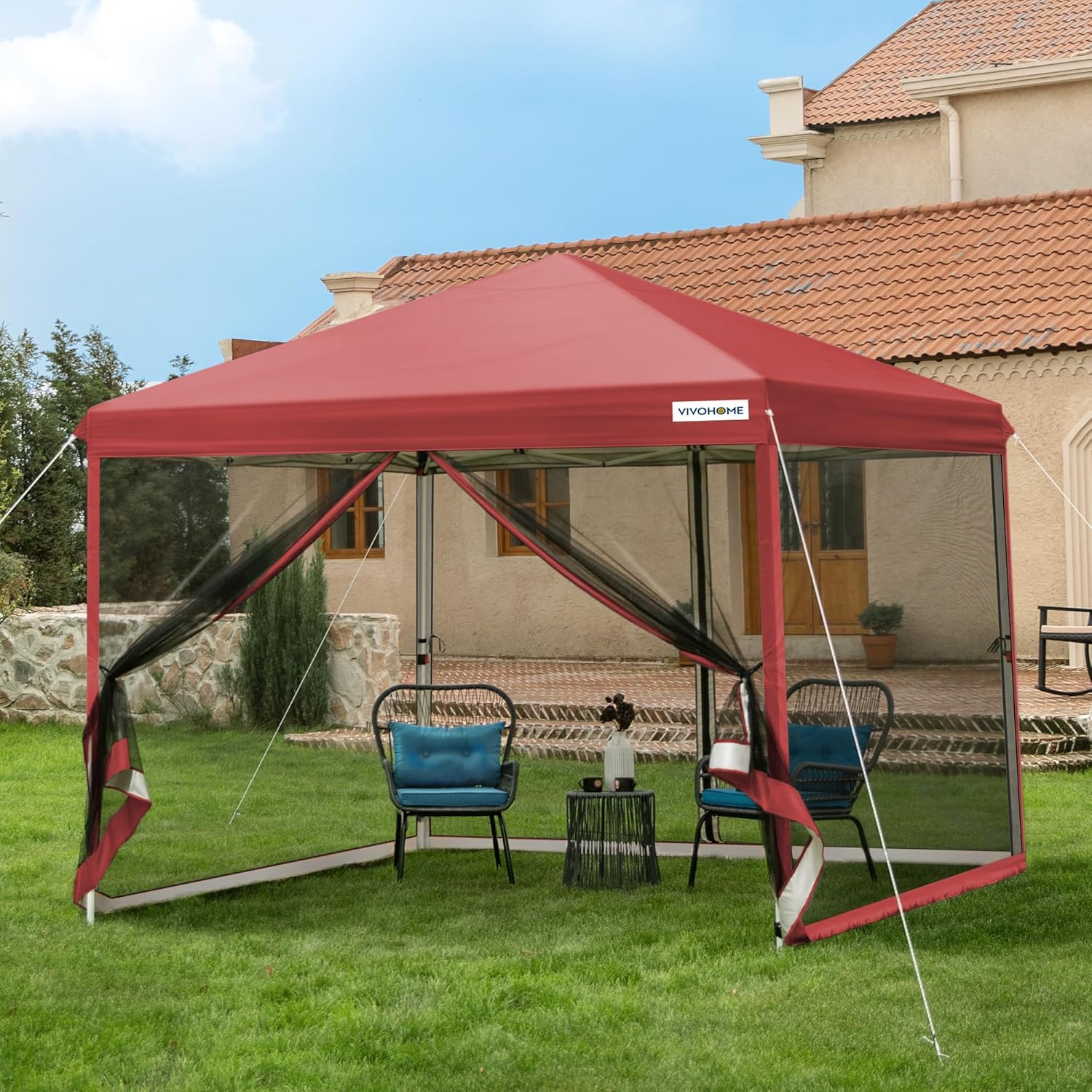10x10ft Easy Pop-Up Canopy, Outdoor Screen Tent with Mosquito Netting, 2 Zipper Doors, and Roller Bag for Yard Camping Picnic Party Events, Beige wourant