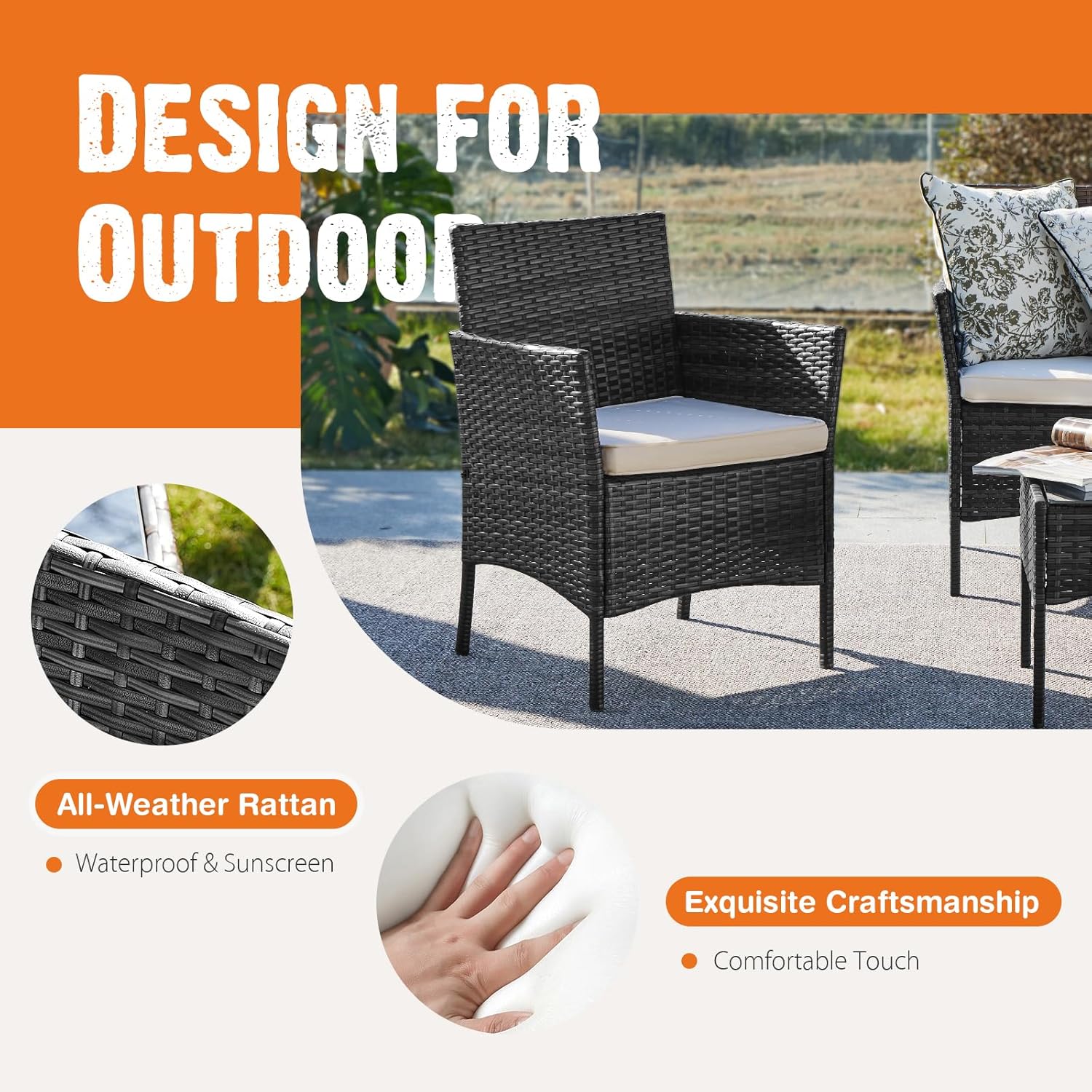 Sweetcripy Patio Furniture Set 3 Pieces, Outdoor Furniture with Soft Cushion and Glass Table, All Weather Manual Weaving Wicker Rattan Patio Chairs for Garden, Terrace, Porch(Black and Beige) wourant