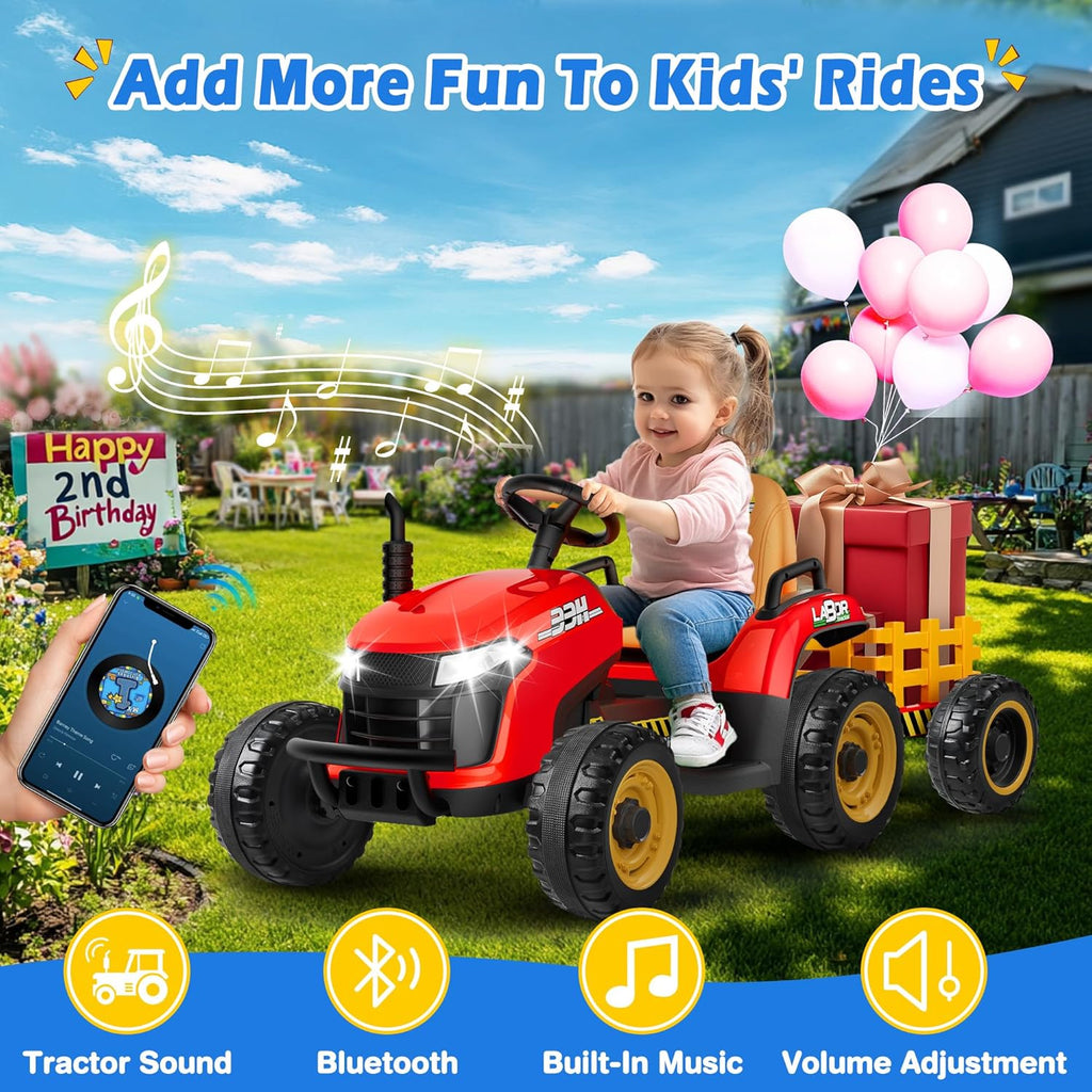 24V Ride On Tractor w/Tiltable & Detachable Trailer, 2x65W Motors, EVA Tires, Remote Control, Bluetooth, Shifter, Music, Electric Car for Kids, Green wourant