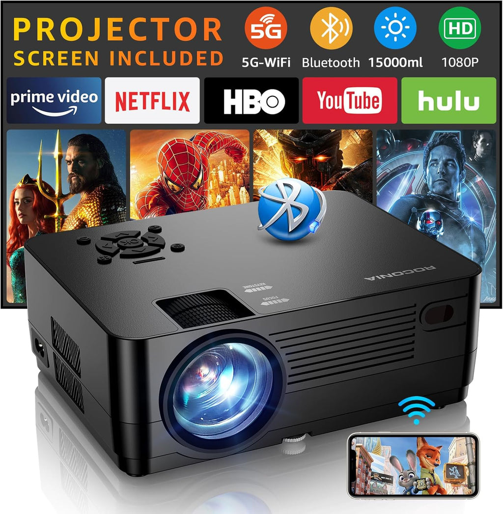 Projector with 5G WiFi and Bluetooth, Native 1080P Projector[Projector Screen Included] wourant