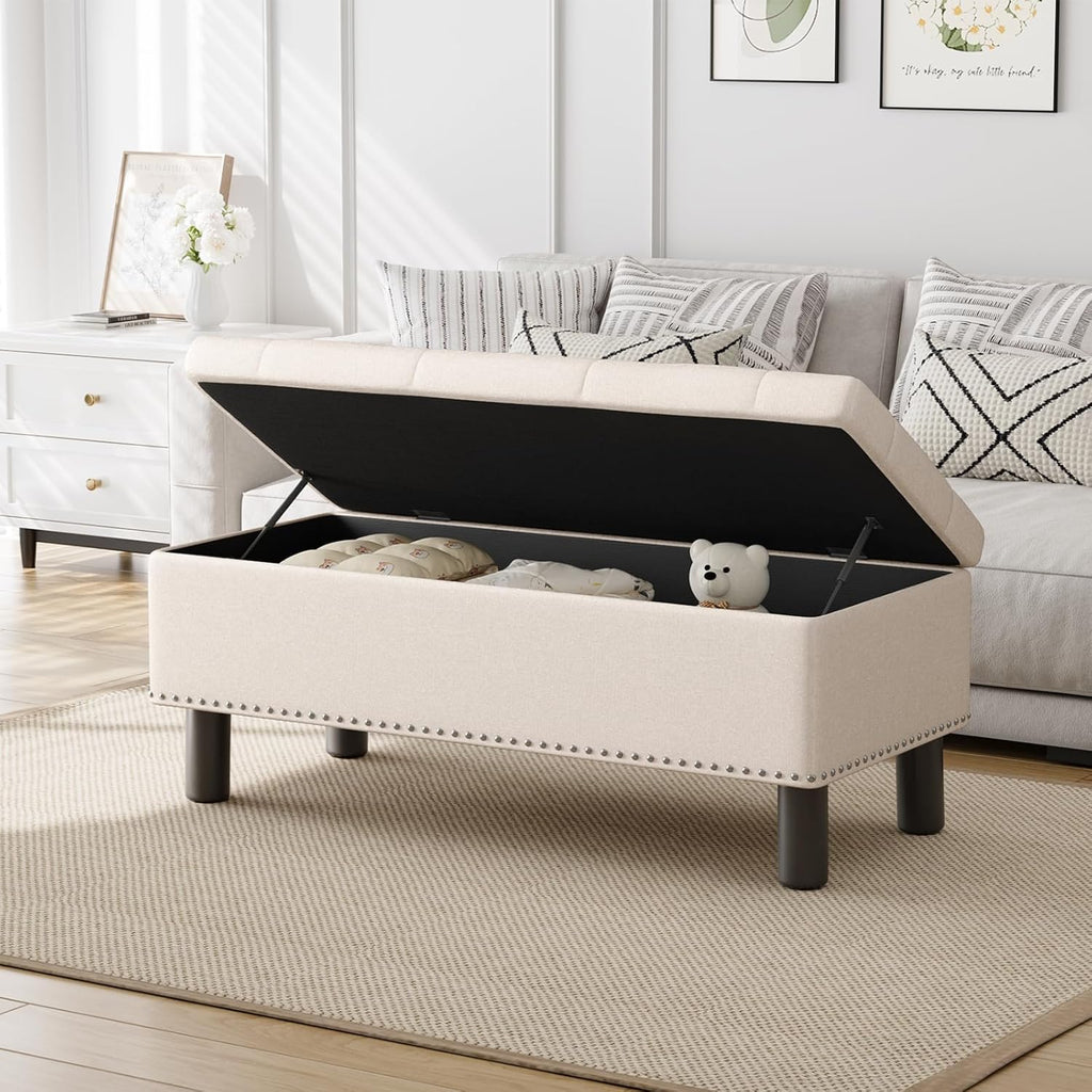 Furniliving Modern Storage Ottoman Bench, Sherpa Ottoman End of Bed Bench with Solid Wood Legs Upholstered Ottoman Benches with Storage Indoor Bench wourant
