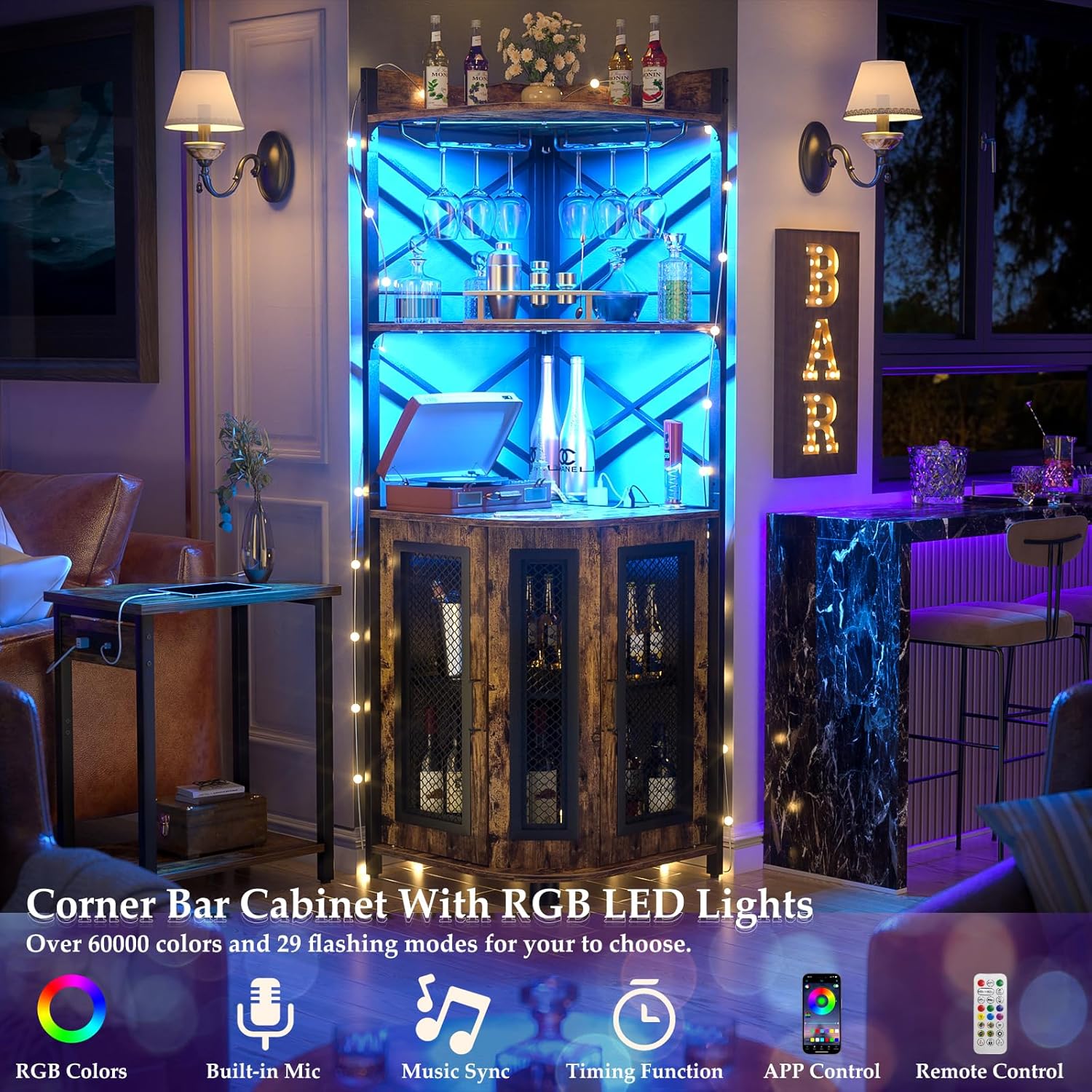 Corner bar cabinet with power socket, industrial style wine cabinet with LED light strip and glass rack, home five-layer wine cabinet bar unit, small space corner display cabinet wourant