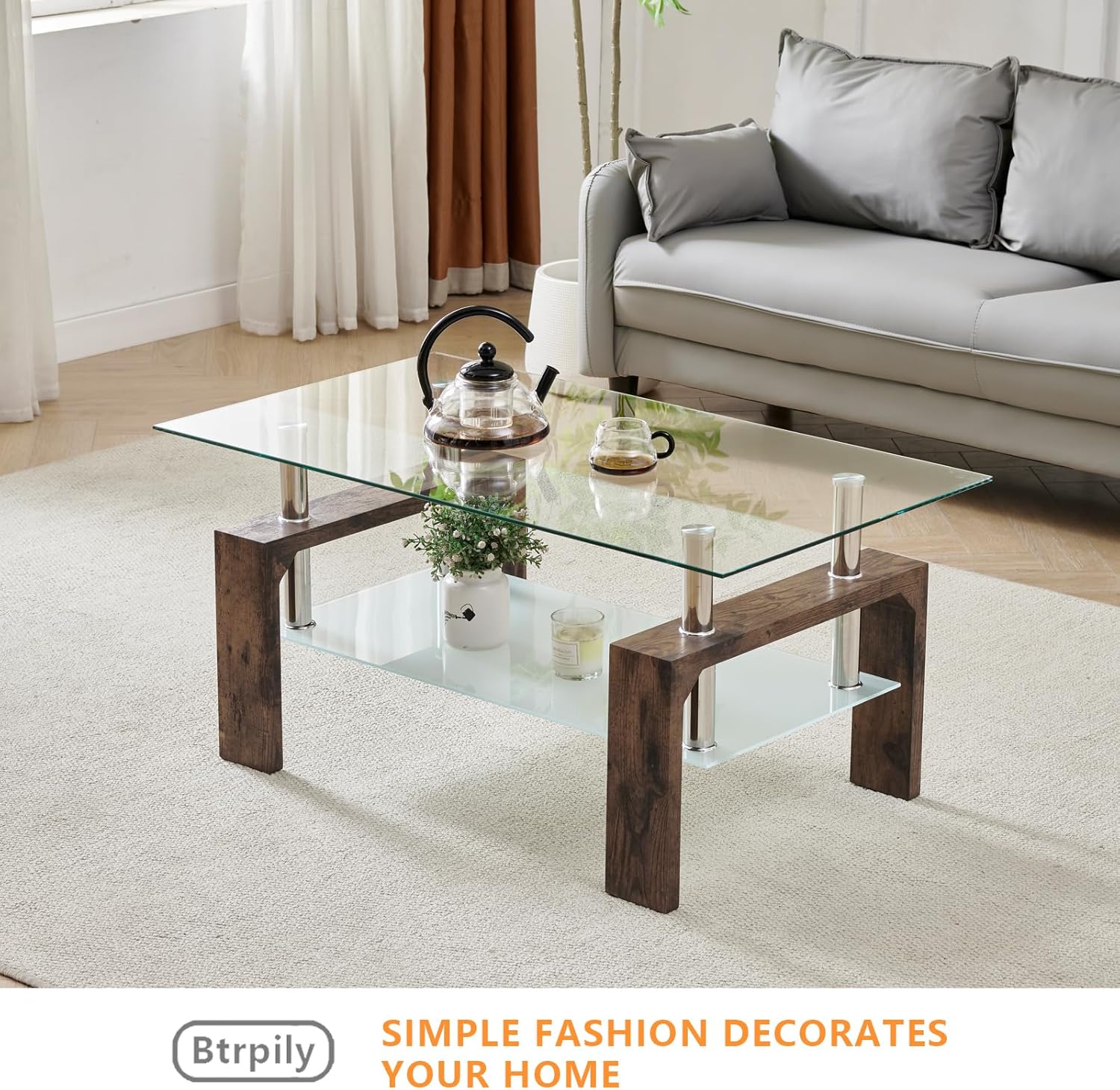 Living Room Rectangle Coffee Table, Tea Table Suitable for Waiting Room, Modern Side Coffee Table with Wooden Leg, Glass Tabletop wourant
