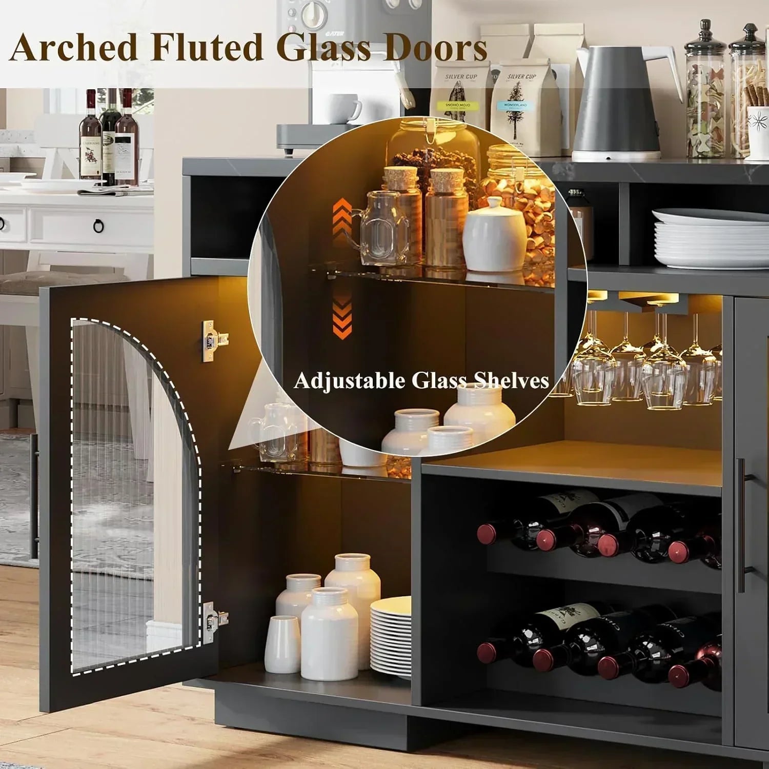 Sideboard 54-inch kitchen cabinet with LED lights and arched glass doors tall bar cabinet wourant