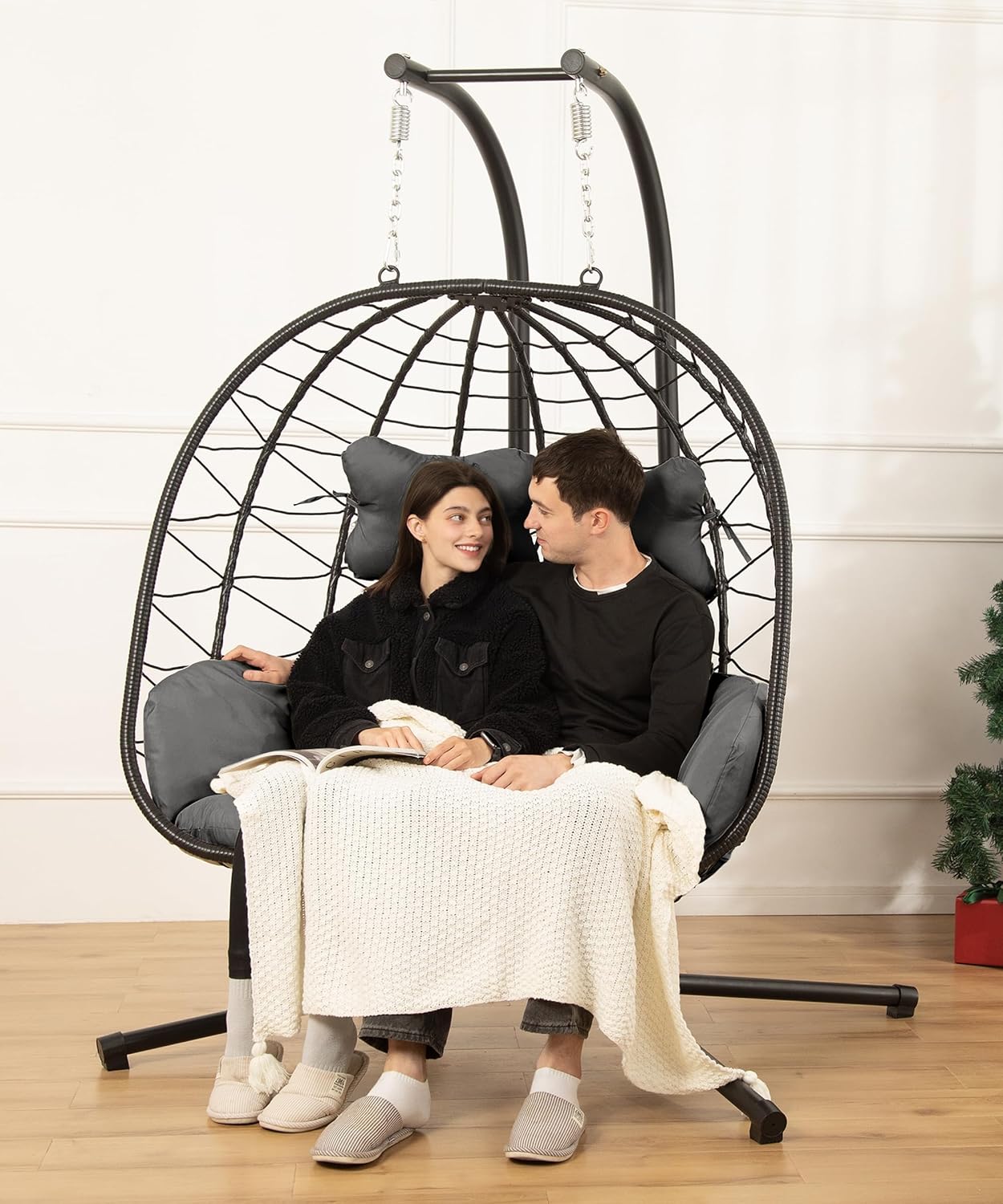 Double Egg Chair Hammock Swing Chair Foldable Hanging Loveseat UV Resistant Cushions wourant