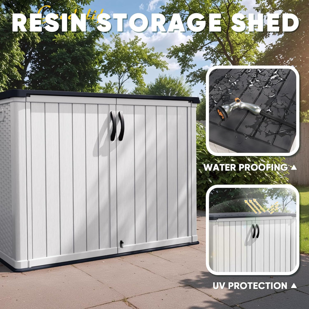 Devoko Outdoor Storage Cabinet 26 Cu Ft with Lockable Doors, Horizontal Storage Shed Waterproof Patio Tools Storage Box wourant