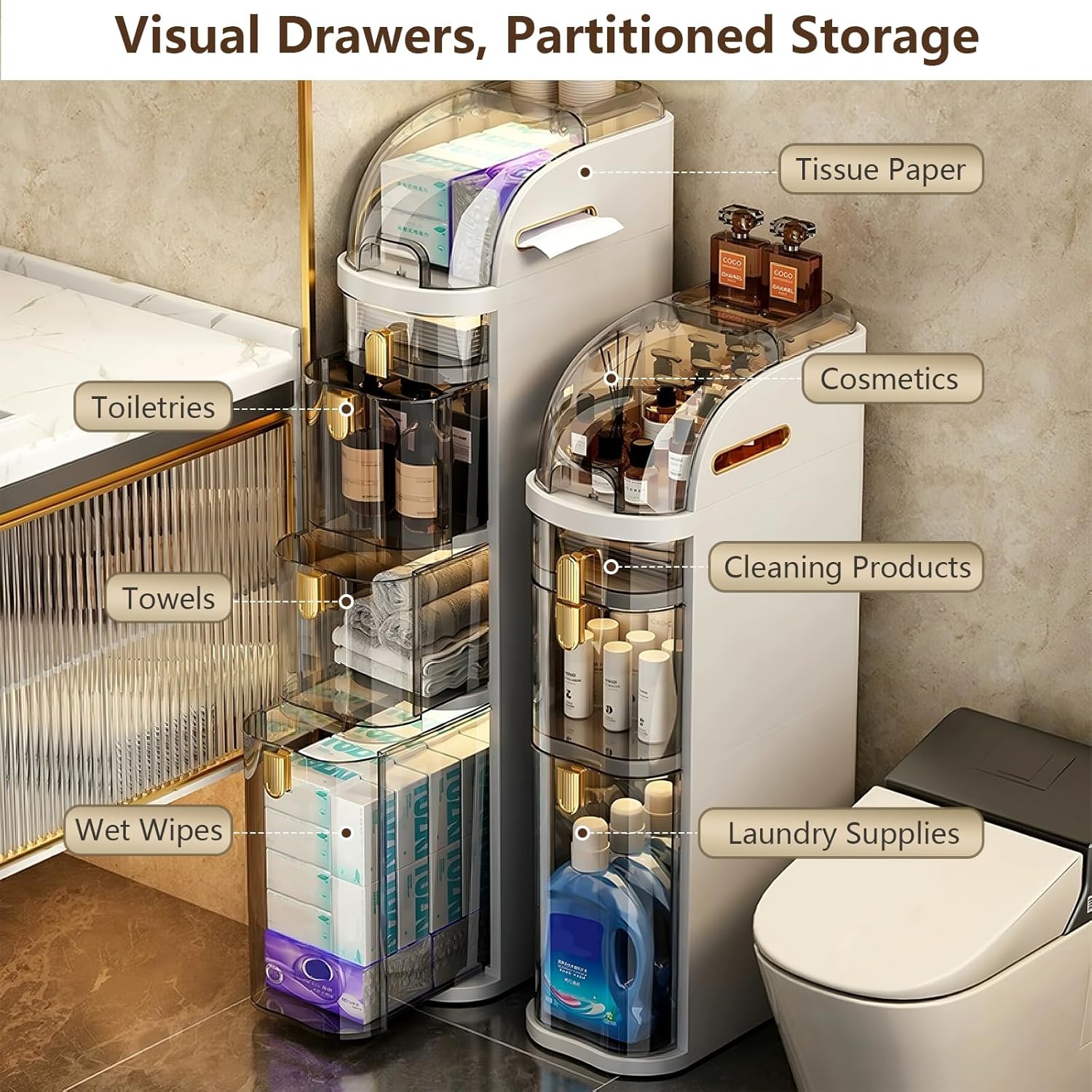 4-Tiers Narrow Bathroom Storage Cabinet 7.1 Slim Bathroom Floor Organizer with Drawers wourant