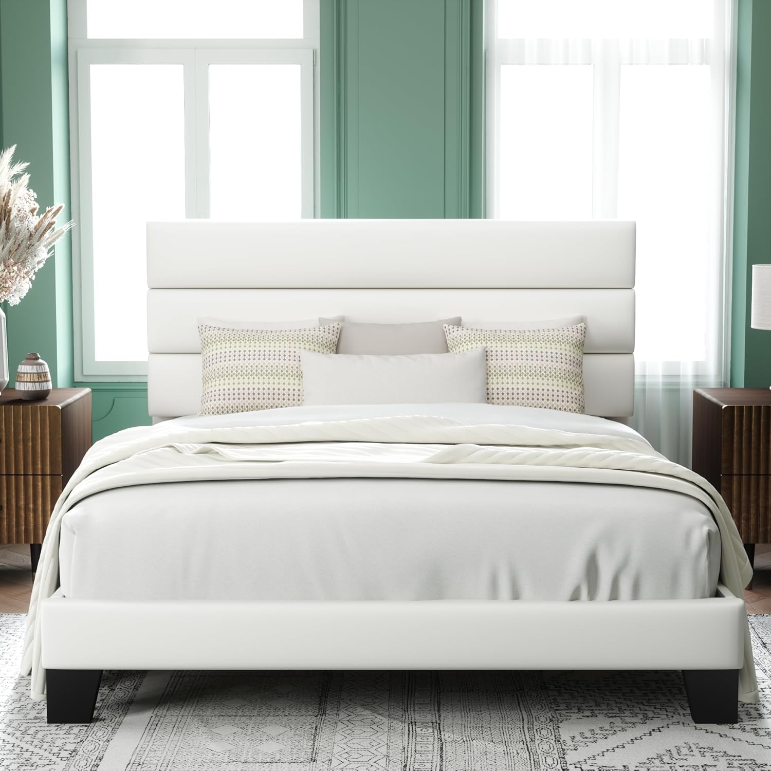 Allewie Queen Size Platform Bed Frame Fabric Upholstered Headboard Wooden Slats Support wourant