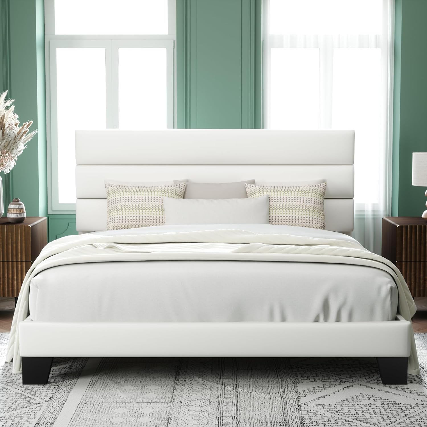 Allewie Queen Size Platform Bed Frame Fabric Upholstered Headboard Wooden Slats Support wourant