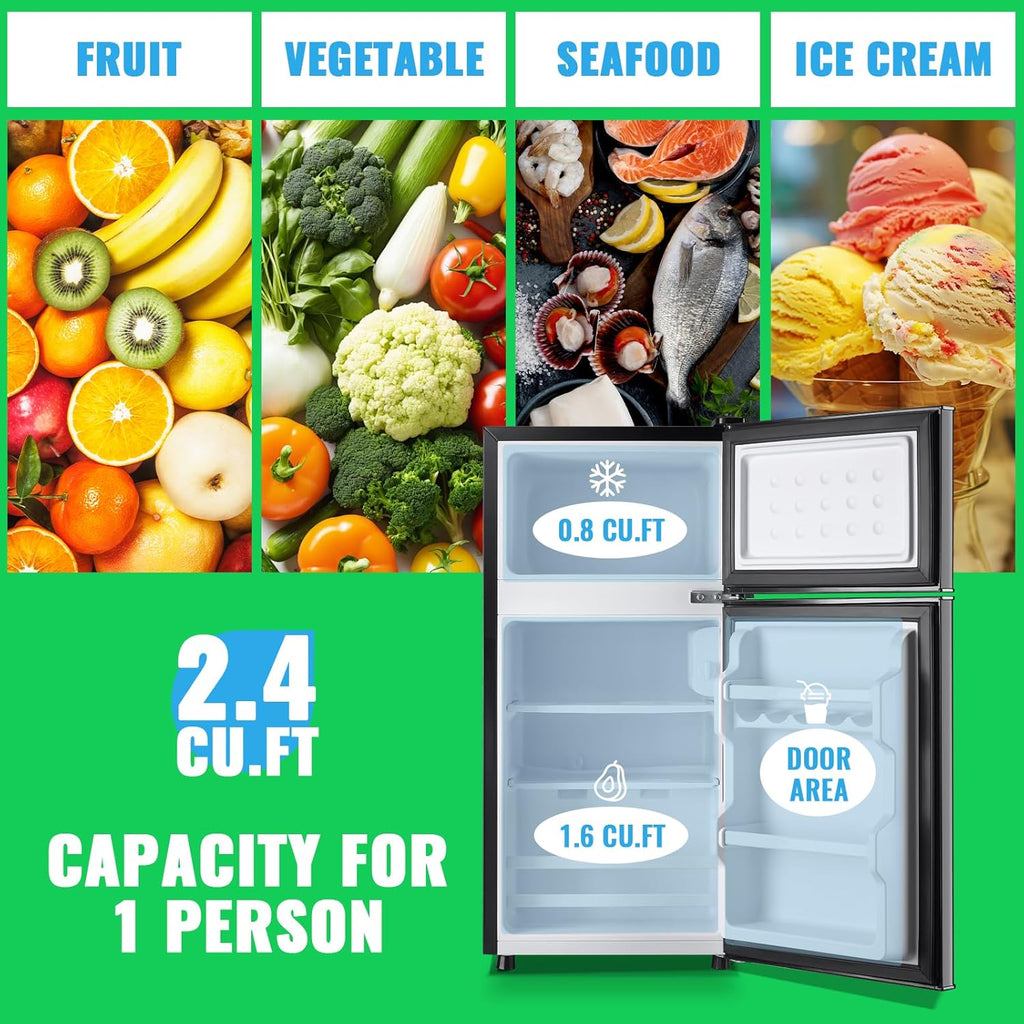 2.4 Cu.Ft Mini Fridge with Freezer & Double Door Small Tiny Size Refrigerator with 7 Temperature Control Knob Only Suitable for One Person Use Black wourant