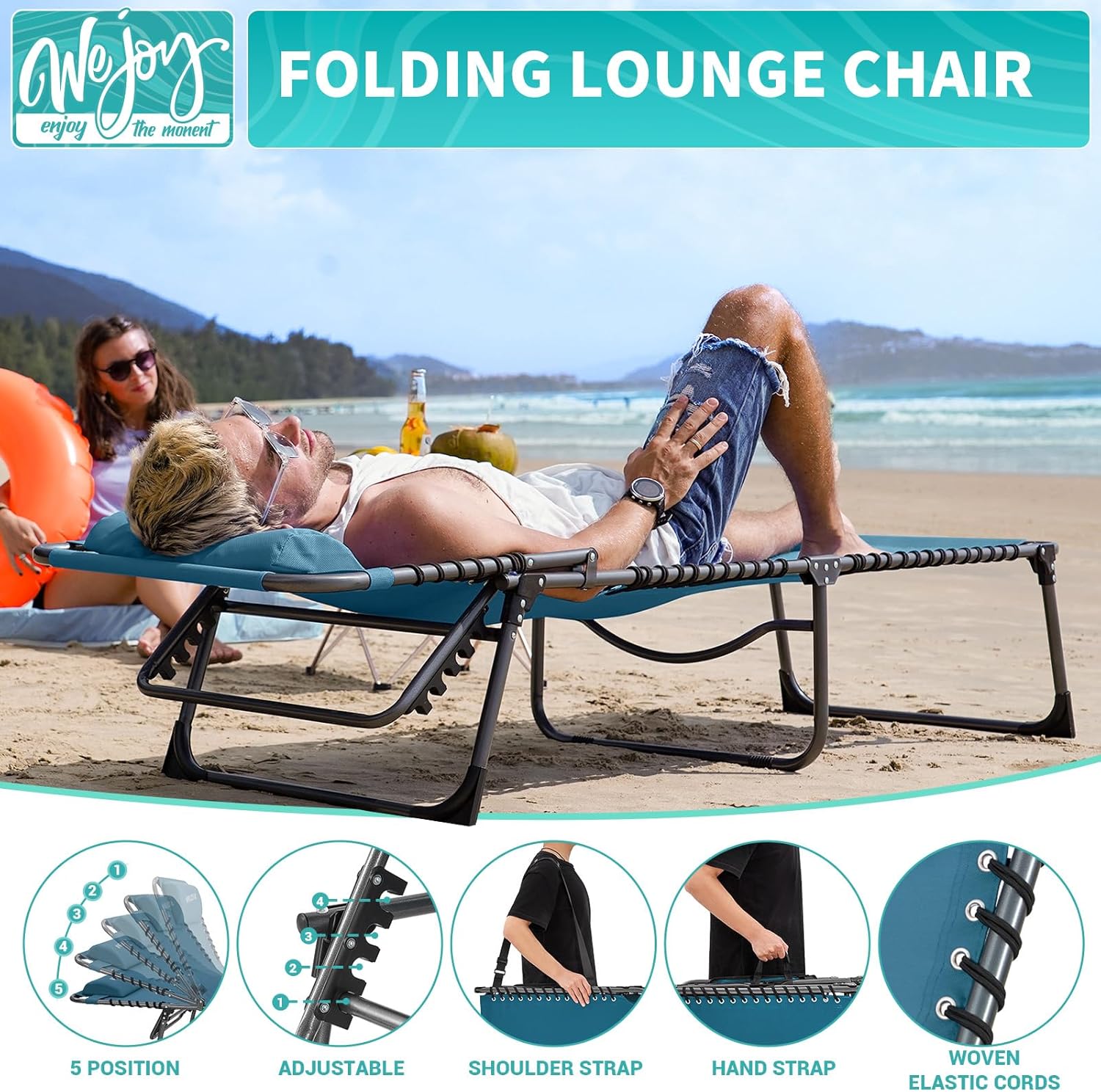 2 Pack Outdoor Chaise Lounge Chair - Portable Folding Patio Pool Lounge Chair, 5 Positions Adjustable Reclining Camping Chair with Side Table,Shoulder Strap, Pillow for Beach Sunbathing Lawn wourant
