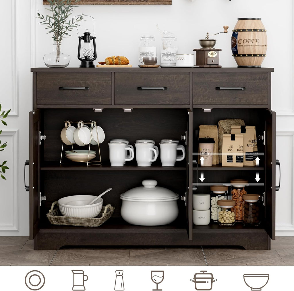 Modern farmhouse sideboard, barn door buffet storage cabinet with drawers and shelves, wooden coffee bar with storage wourant