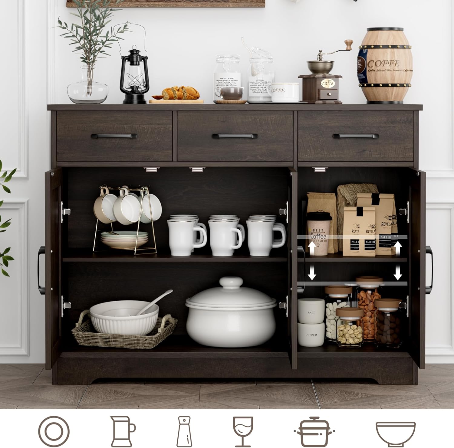 Modern farmhouse sideboard, barn door buffet storage cabinet with drawers and shelves, wooden coffee bar with storage wourant