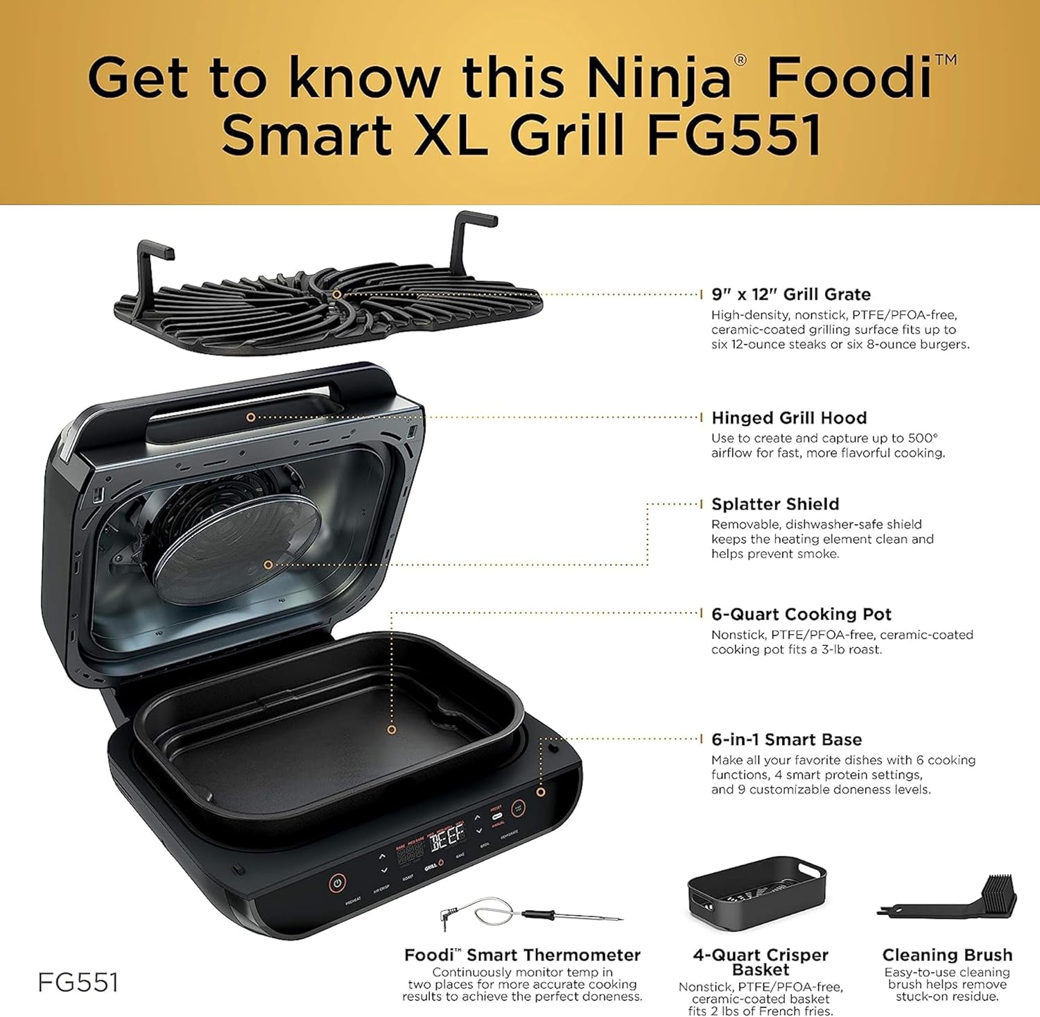 Ninja Foodi Smart XL 6-in-1 Indoor Grill with Air Fry, Bake, Roast, Broil, and Dehydrate, Smart Thermometer wourant