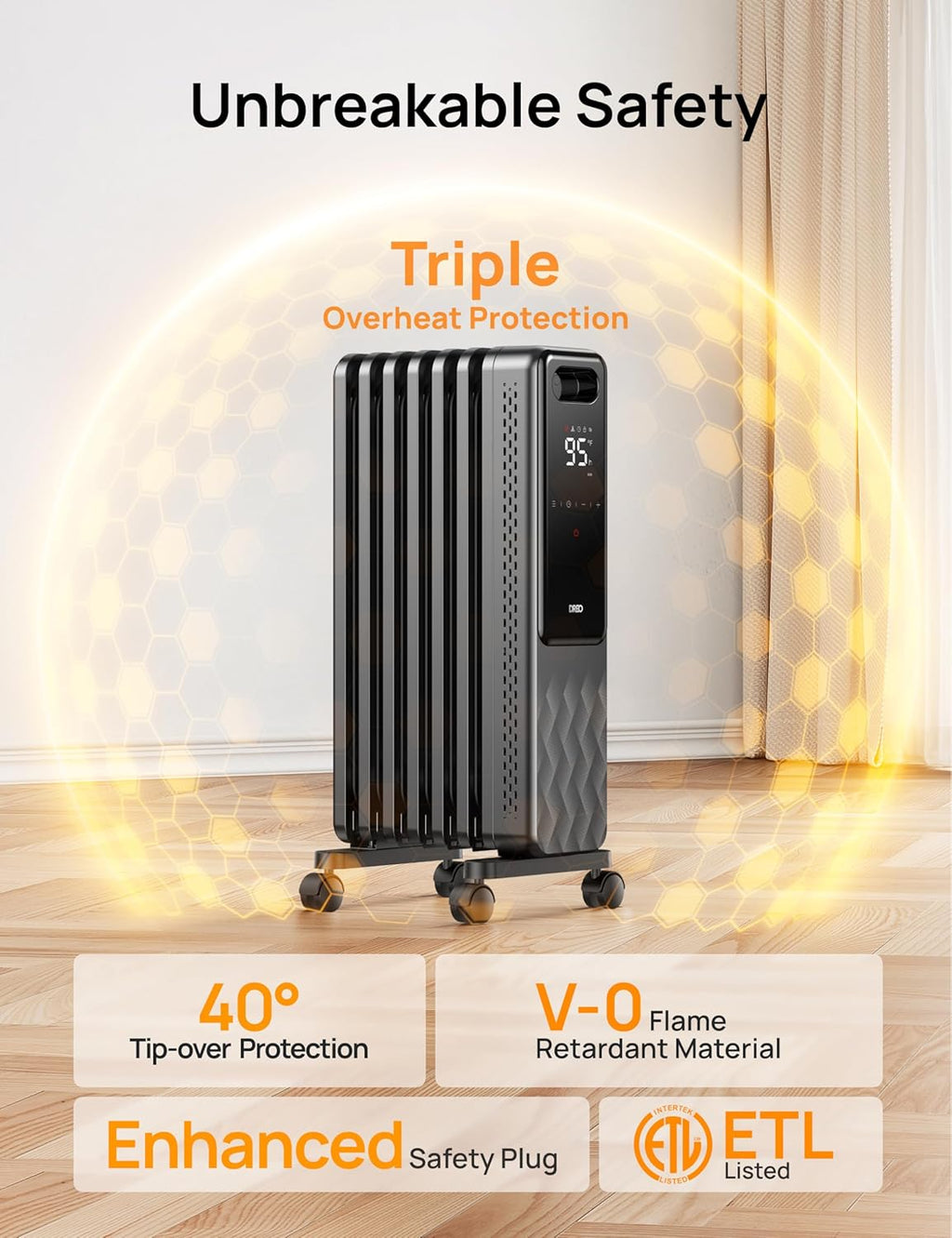 Dreo Oil Filled Radiator, Electric Radiant Heaters for indoor use Large Room with Remote Control, Child Lock, 4 Modes, Overheat & Tip-Over Protection, 24h Timer, Digital Thermostat, Quiet, 1500W wourant