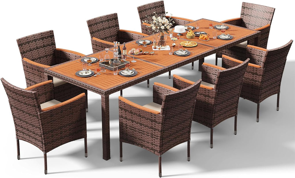 Devoko Dining 7 PCS Furniture, Patio Conversation Set with Acacia Wood Table Top, Rattan Outdoor, Black wourant