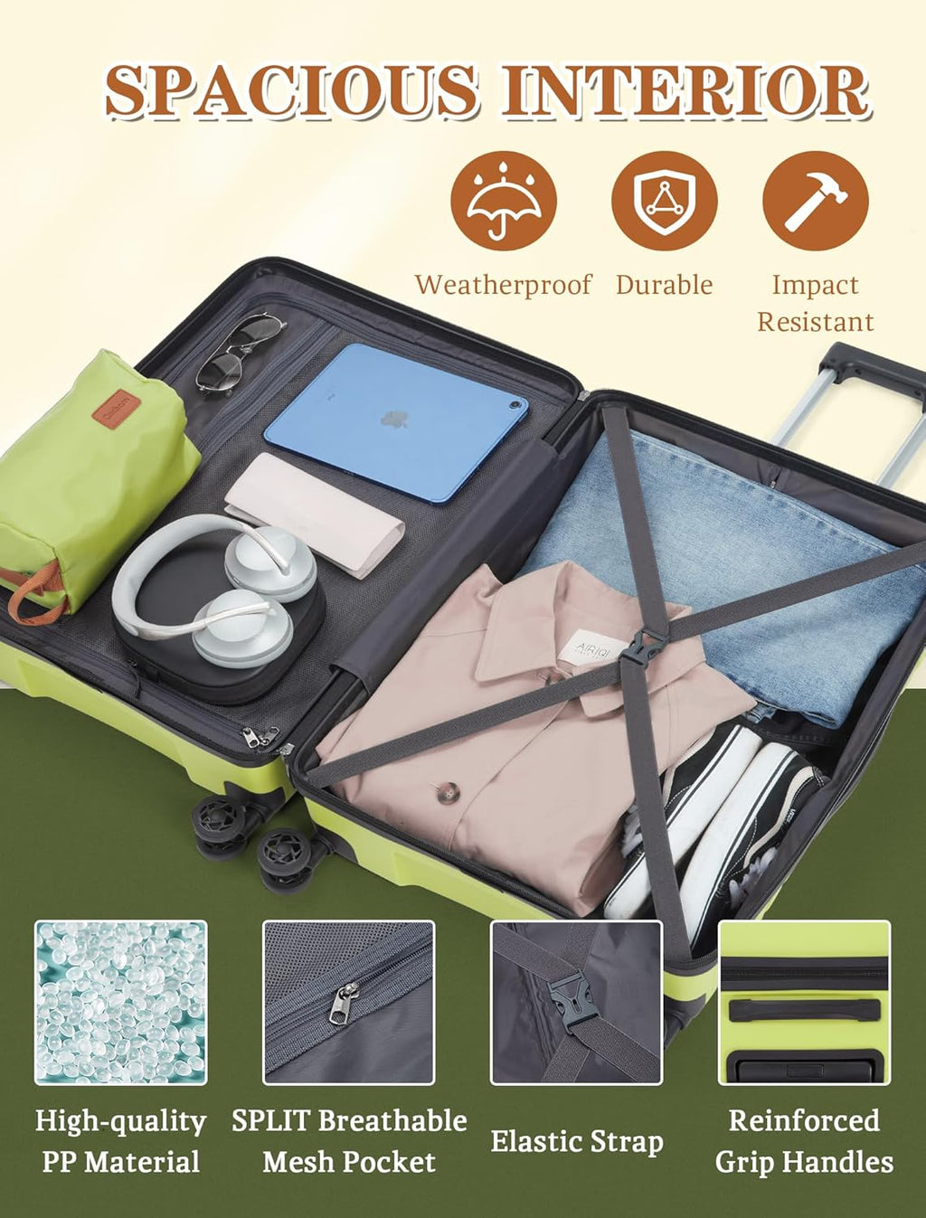 5-piece luggage set with wheels, ABS hardshell suitcase with spinner wheels wourant