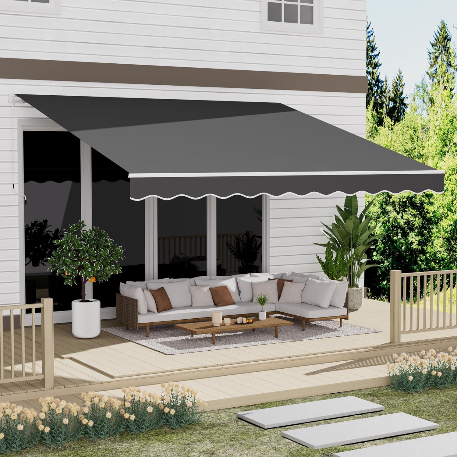 13' x 10' Awning for Patio, Sunsetter Retractable Awning Waterproof Cover Outdoor Patio Canopy, Sun Shade with Manual Crank Handle, Porch Shades for Outdoor, House, Deck, Dark Gray woonhhop