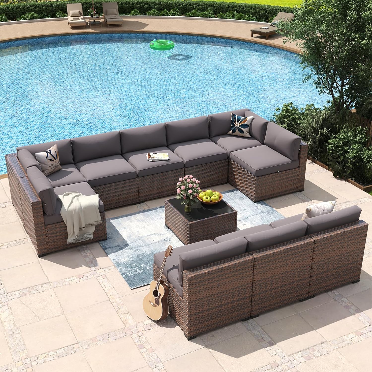 Aoxun 8 Piece Patio Furniture Set with 44?Fire Pit Table Wicker Rattan Outdoor Sectional Sofa Set with Coffee Table and Thickened Cushions, Beige (Waterproof Cover Included) woonhhop