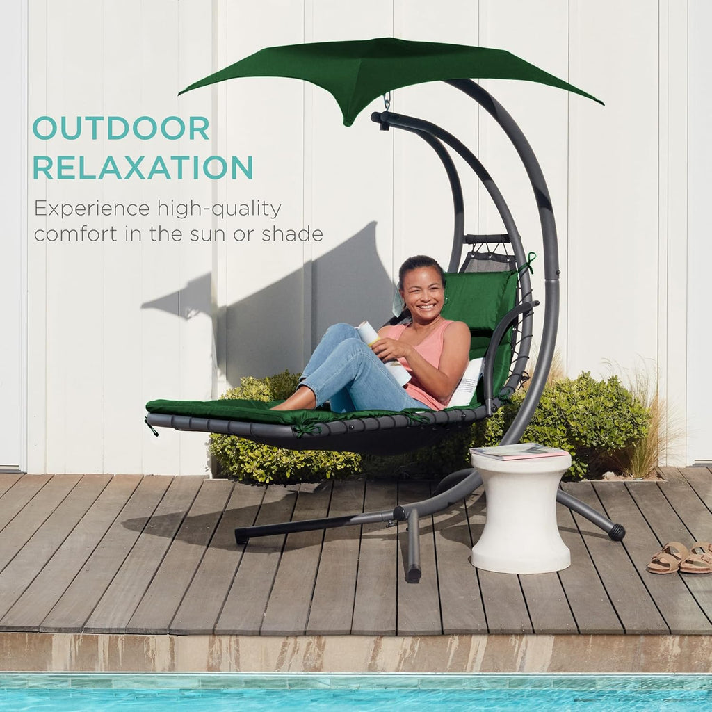 Best Choice Products Outdoor Hanging Curved Steel Chaise Lounge Chair Swing w/Built-in Pillow and Removable Canopy - Charcoal Gray wourant