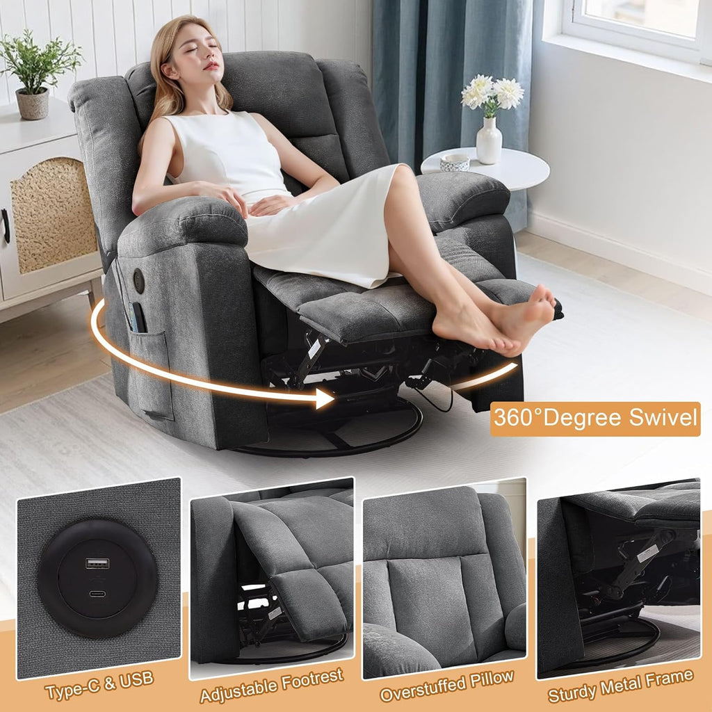 Adult rocking chair, gliding recliner, 360° rotating rocking chair with massage and heating function wourant