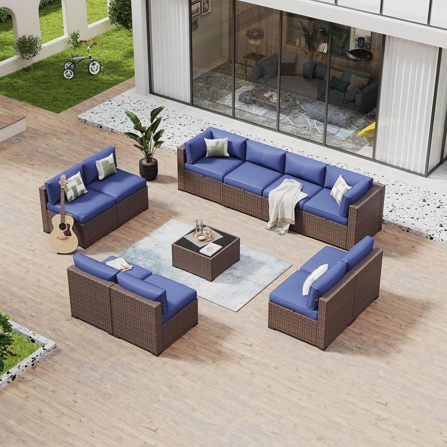 Aoxun 8 Piece Patio Furniture Set with 44?Fire Pit Table Wicker Rattan Outdoor Sectional Sofa Set with Coffee Table and Thickened Cushions, Beige (Waterproof Cover Included) woonhhop