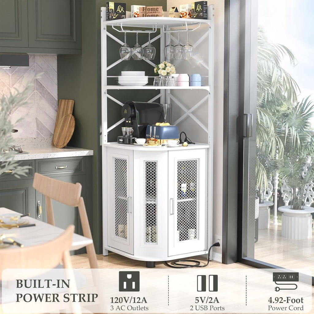 Corner bar cabinet with power socket, industrial style wine cabinet with LED light strip and glass rack, home five-layer wine cabinet bar unit, small space corner display cabinet wourant
