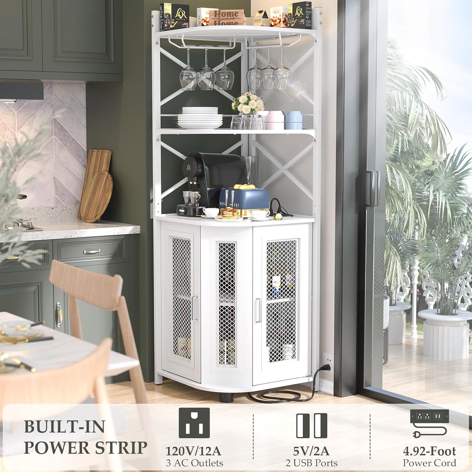 Corner bar cabinet with power socket, industrial style wine cabinet with LED light strip and glass rack, home five-layer wine cabinet bar unit, small space corner display cabinet wourant