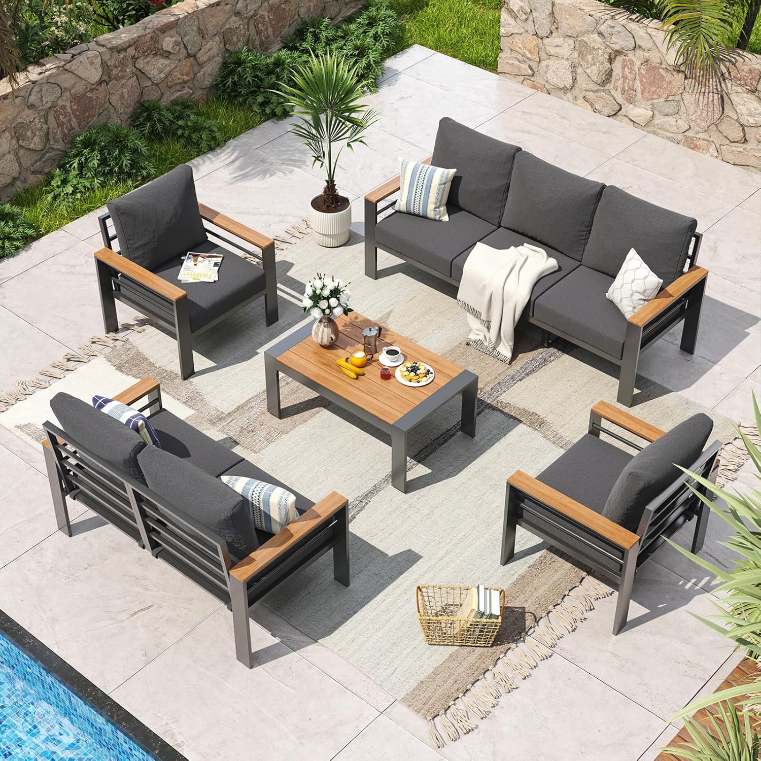 Aoxun Aluminum Patio Furniture Set 7 Seats, Oversized Outdoor Sectional with Washable Thick Cushions, Coffee Table and Waterproof Cover, Patio Conversation Sets for Porch, Balcony, Deck woonhhop