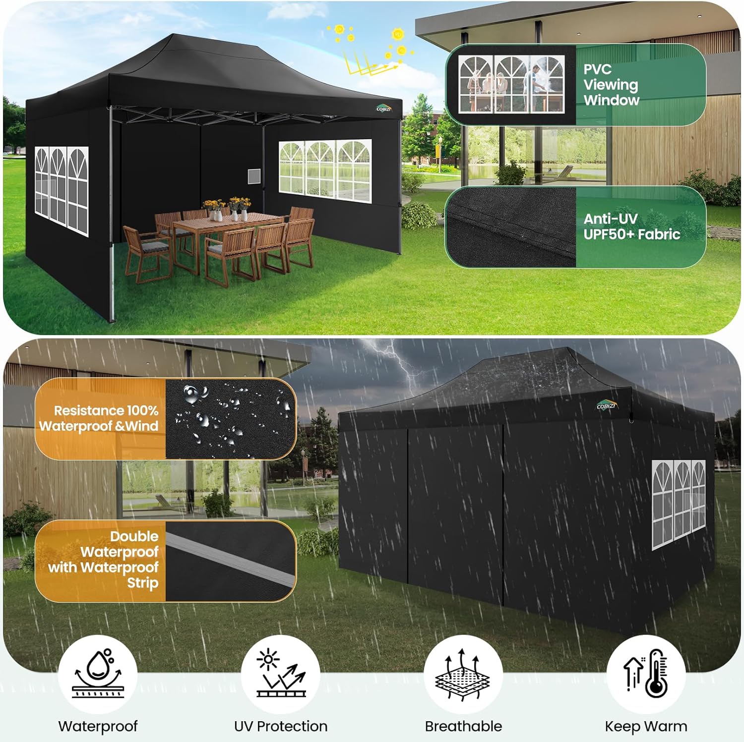 COBIZI 10x20 Heavy Duty Pop up Canopy Tent with 6 sidewalls Easy Up Commercial Outdoor Canopy Wedding Party Tents for Parties All Season Wind & Waterproof Gazebo with Roller Bag,Black(Frame Thickened) wourant