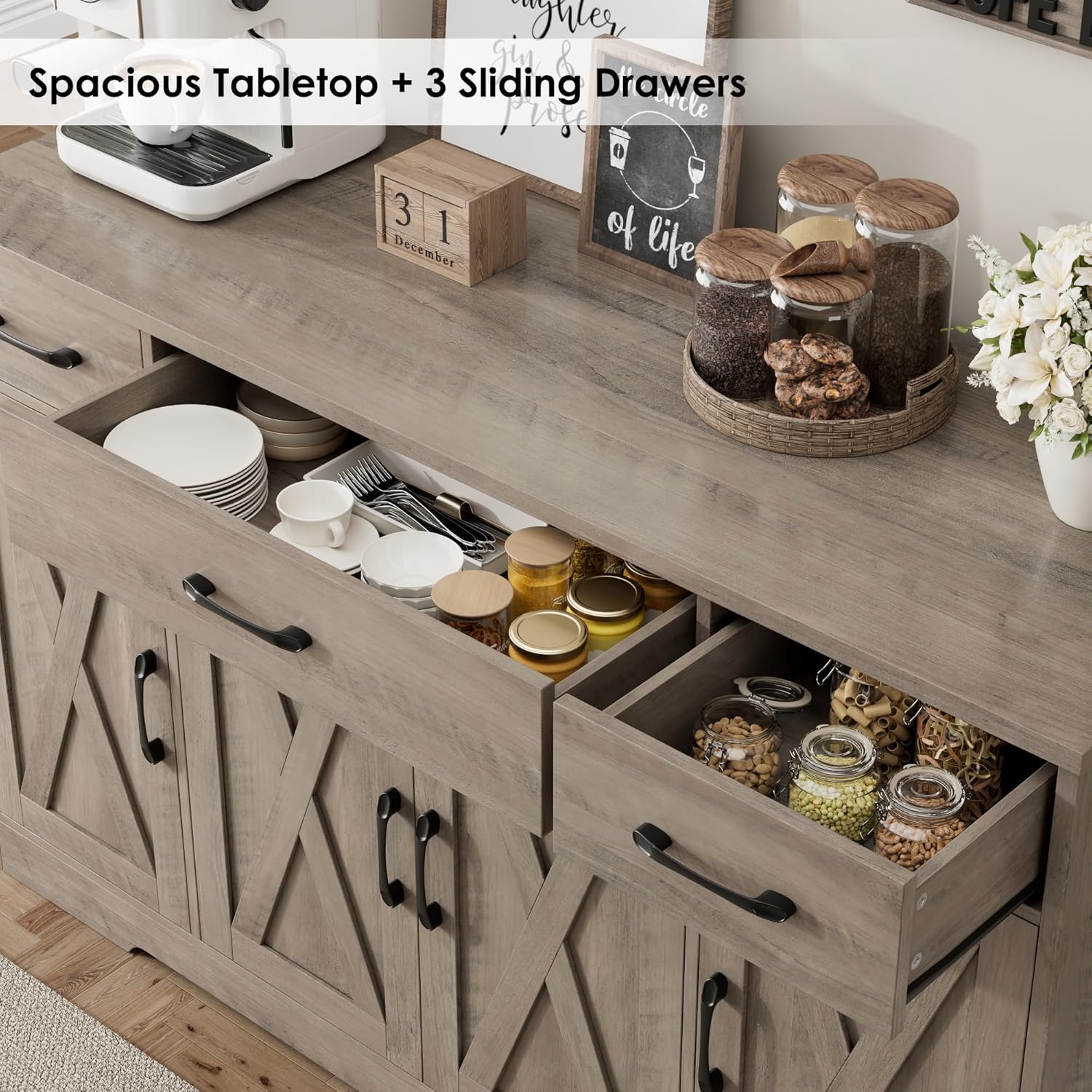 HOSTACK Buffet Cabinet with Drawers, 55" Large Sideboard Buffet Storage Cabinet with Shelves and Doors, Modern Farmhouse Coffee Bar Station Wood Kitchen Table for Kitchen, Dining Room, White/Rustic wourant