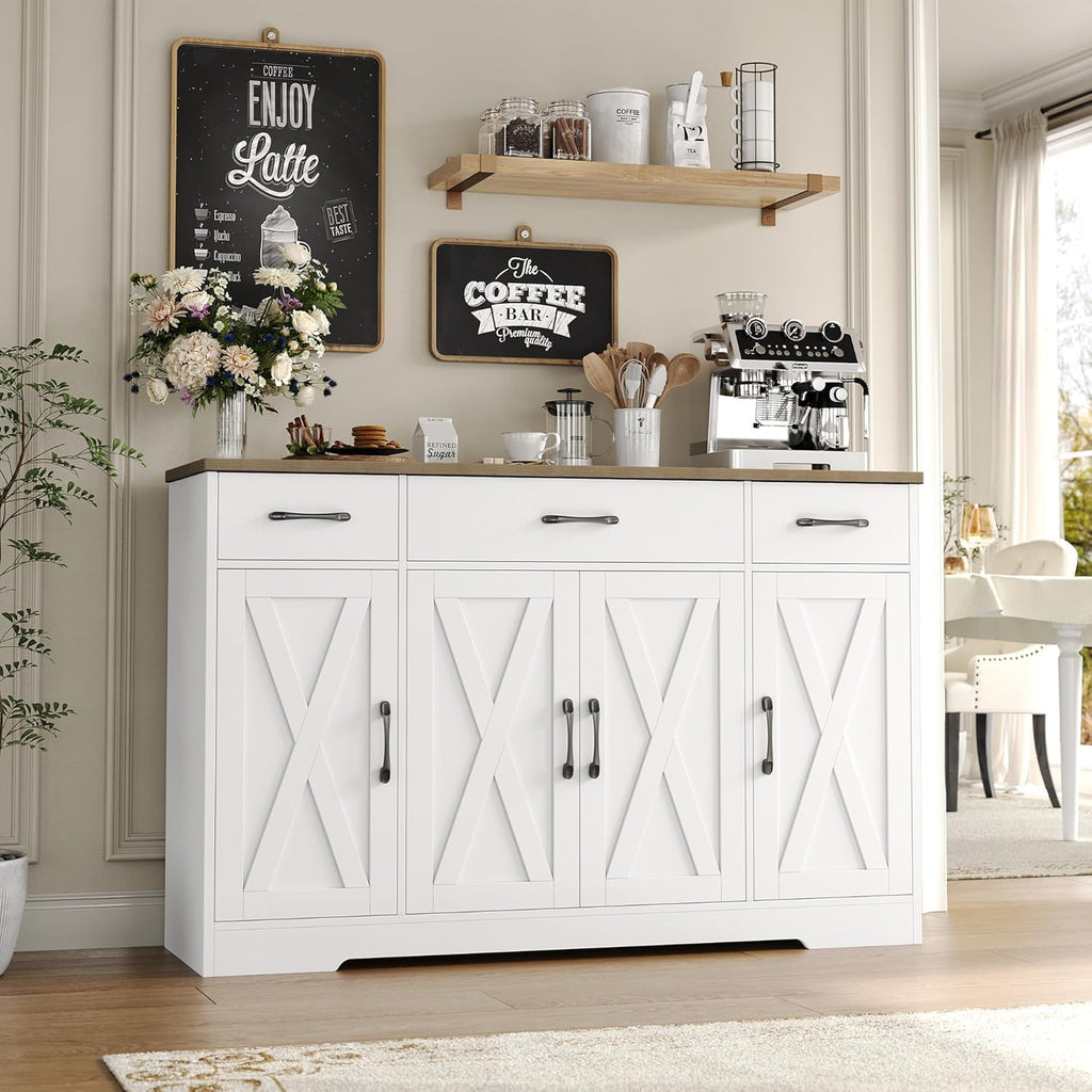 Sideboard with drawers, large 55-inch sideboard, sideboard storage with shelves and doors, modern farmhouse coffee bar wood kitchen dining table wourant