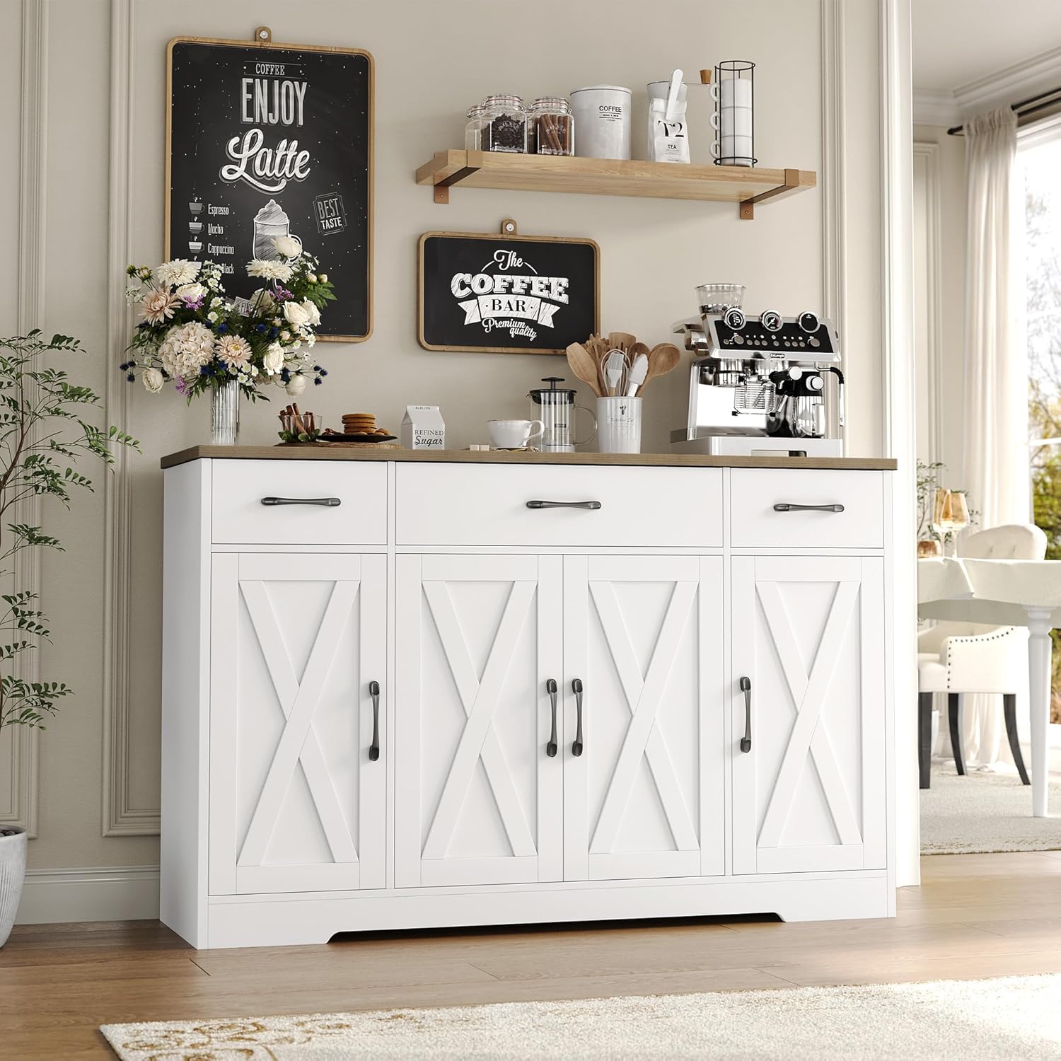 Sideboard with drawers, large 55-inch sideboard, sideboard storage with shelves and doors, modern farmhouse coffee bar wood kitchen dining table wourant